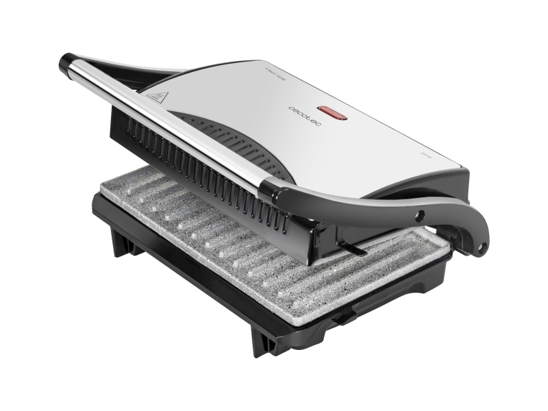 Cecotec Rock’nGrill Parrilla Electrica - 700W - Asa Tacto Frio - Revestimento de Piedra - Superficie 23x14.5cm - Hueco Recogecables - Base Antideslizante - Placa Superior Flotante - Color Negro y Plateado