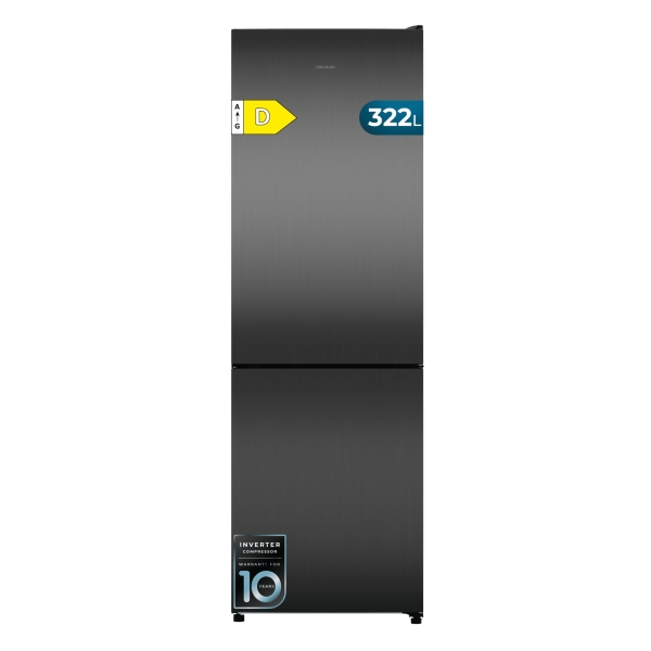 Cecotec Bolero CoolMarket Combi 322i Dark D Frigorifico Combi - Capacidad 322L - Luz LED - Temperatura Regulable - Acero Inoxidable - Total Nofrost - Frio Envolvente - 59.5x185.5cm - Color Gris Oscuro