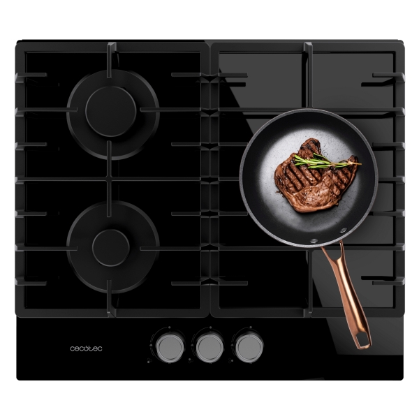 Cecotec Bolero Squad G 3200F Glass Black Cocina de Gas Encastrable - 3 Quemadores - Acabado en Cristal Negro - 6.25kW - Parrillas de Hierro Fundido - Inyector Convertor a Glp - Color Negro