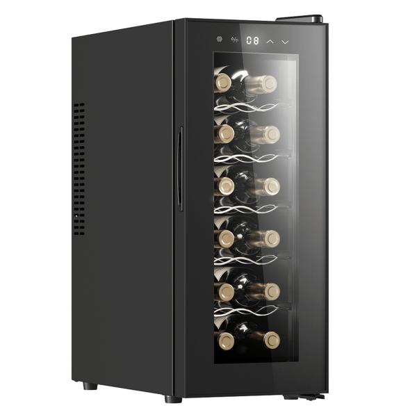 Cecotec Bolero GrandSommelier 1250 CoolCrystal Vinoteca para 12 Botellas - Silencioso 35dB - Luz LED - Pantalla LED - Temperatura Regulable - Control Tactil - Color Negro