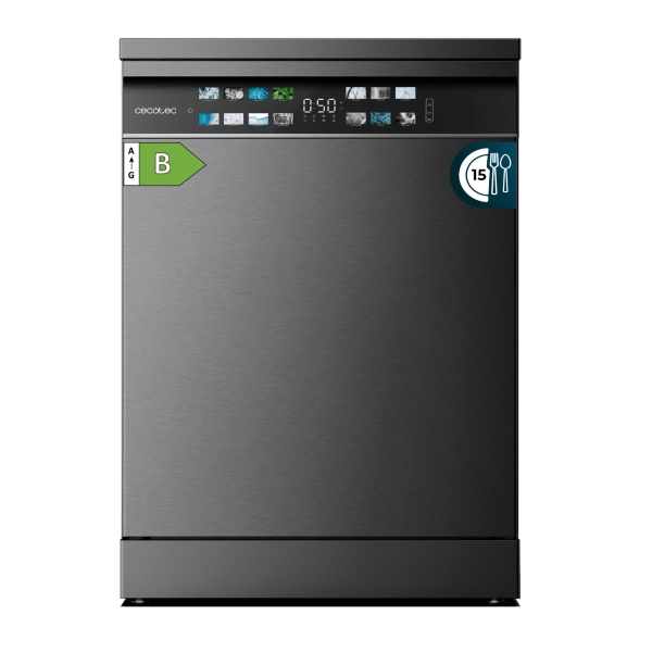 Cecotec Bolero Aguazero 6700 Dark B Lavavajillas de 60cm - 15 Cubiertos - Temperatura Regulable - Seguro Infantil - Pantalla XXL - 8 Programas - Motor Inverter - Inicio Programable - Color Gris Oscuro