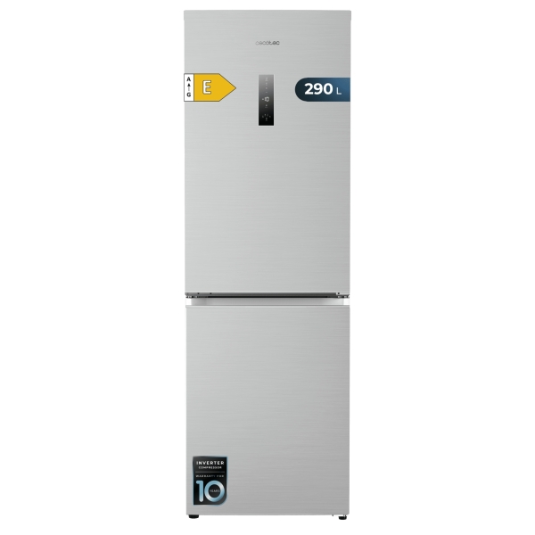 Cecotec Bolero CoolMarket Combi 290 Inox Frigorifico Combi - Capacidad 290L - Luz LED - Total Nofrost - Modo Vacaciones - Cajon para Carne y Pesado - Clase E - 185x59.5cm - Color Acero
