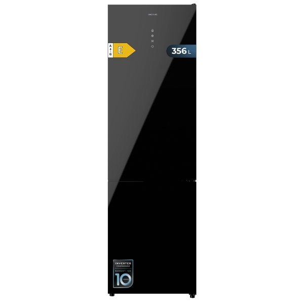Cecotec Bolero CoolMarket Combi 356 Black Glass E Frigorifico Combi - 356L - Modo Vacaciones - Puerta de Cristal - Frio Envolvente - Cajon Humedad Regulable - Clase E - 59.5x63.5x200cm - Color Negro