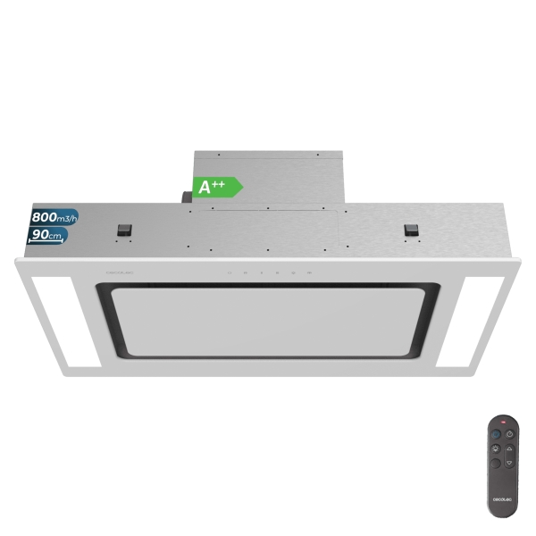 Cecotec Bolero Flux TIR 908000 Glass White A++ Campana Extractora Integrable de Techo de 90cm - 210W - Succion 800m3/h - Cable 90cm - Luz LED - Incluye Accesorios - Filtros de Carbono - Color Blanco