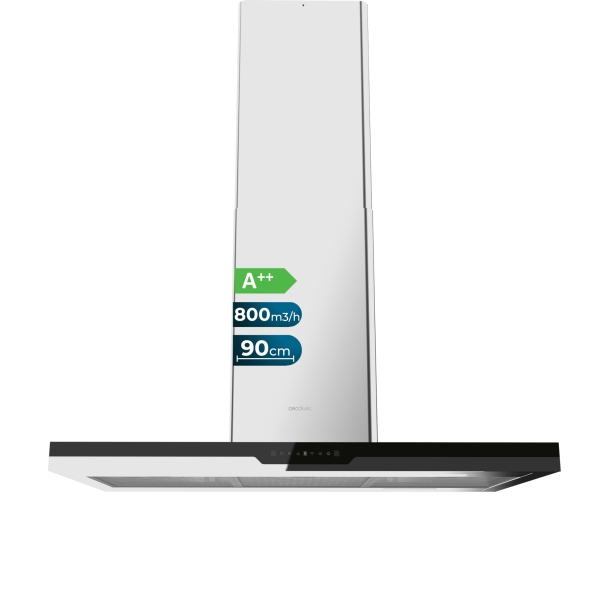 Cecotec Bolero Flux ICT 908000 Glass Black A++ Campana Extractora de Techo de 90cm - 210W - Succion 800m3/h - Luz LED - Pantalla - Acero Inoxidable - Apagado Automatico - Filtros de Carbono - Color Negro