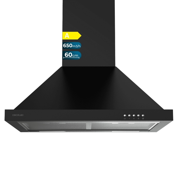 Cecotec Bolero Flux PM 606500 Black A Campana Extractora de 60cm - 165W - Succion 650m3/h - Luz LED - Incluye Accesorios - Kit de Montaje - Filtros de Carbono Incluidos - Color Negro