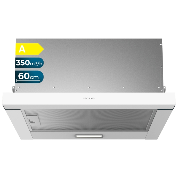 Cecotec Bolero Flux TLM 603500 White A Campana Extractora Telescopica de 60cm - 70W - Succion 350m3/h - Luz LED - Incluye Accesorios - Kit de Montaje - Filtros de Carbono Incluidos - Color Blanco