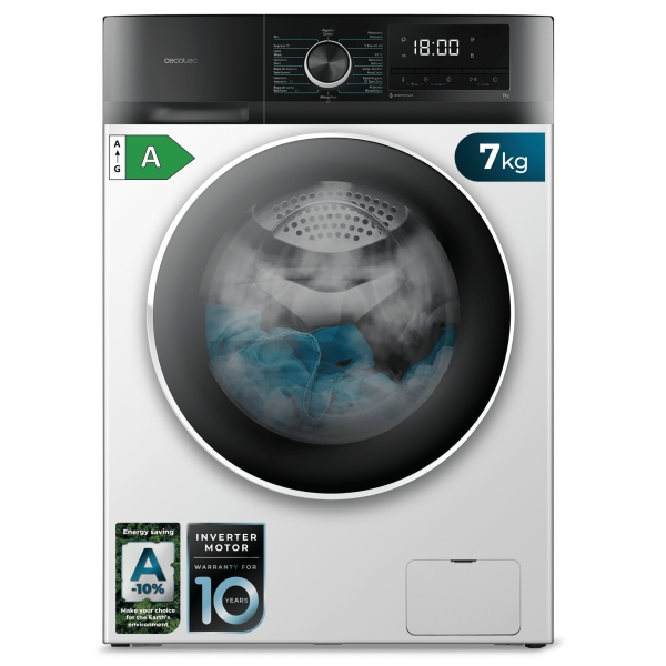 Cecotec Bolero Dresscode 7500 Inverter A Lavadora de Carga Frontal - Capacidad 7kg - Velocidad 1400rpm - Seguro Infantil - Display LED - Motor Inverter - Inicio Programable - Color Blanco y Negro