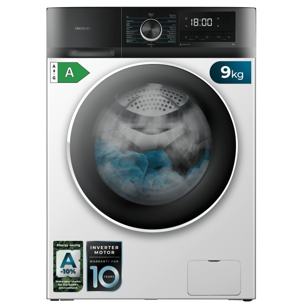 Cecotec Bolero DressCode 9500 Inverter A Lavadora de Carga Frontal - Capacidad 9kg - Velocidad 1400rpm - Seguro Infantil - Display LED - Motor Inverter - Inicio Programable - Color Blanco y Negro