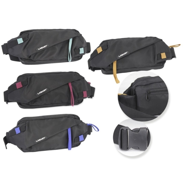 Lagart Smart Bandolera/Riñonera - 3 Bolsillos - Cinta Ajustable - Fabricada en Nylon Impermeable - Medidas 24x12x5cm - Color Negro con Detalles en Color