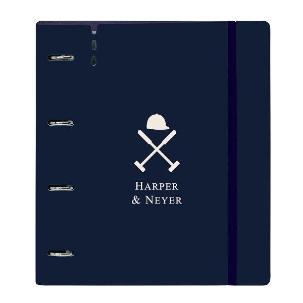 Safta Harper and Neyer Carpeta con 4 Anillas 35mm - Tapas de PP Foam - Recambio 100 Hojas - Cierre Elastico - Ranura para Boligrafo - Incluye Separadores - 270x40x320mm - Color Azul Marino