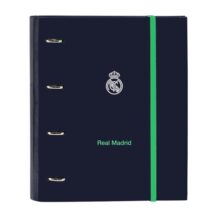 Safta Real Madrid 2ª Equipacion 25/26 Carpeta con 4 Anillas 35mm - Tapas Duras Forradas - Recambio 100 Hojas - Cuadriculas 5x5mm - 80g/m2 - Separadores - 270x35x320mm - Color Azul Marino