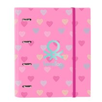 Safta Benetton Heart Carpeta con 4 Anillas 35mm - Tapas Duras Forradas - Recambio 100 Hojas - Cierre Elastico - Incluye Separadores - Cuadricula 5x5mm - 270x35x320mm - Color Rosa