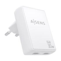 Aisens Cargador GaN Ultra Delgado 30W - 2xUSB-C PD3.0 QC4.0 - Tecnologia AI - Color Blanco