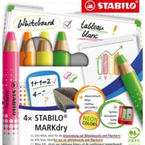 Stabilo MARKdry Neon Pack de 4 Marcadores para Pizarra + Sacapuntas + Paño de Limpieza - Mina XXL de 10mm - Madera 100% Certificada PRFC - Colores Neon Surtidos