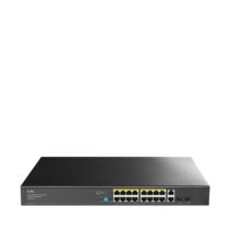 Cudy Switch 20 Puertos - Capacidad Conmutacion 40Gbps - 16x RJ45 PoE+ - 2x RJ45 GbE - 2x Gigabit SFP - Reinicio Automatico - Indicadores LED - 440x180x44mm - Color Negro