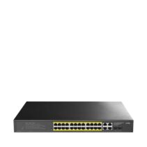 Cudy Switch 28 Puertos - Capacidad Conmutacion 56Gbps - 24x RJ45 PoE+ - 2x RJ45 GbE - 2x Gigabit SFP - Reinicio Automatico - Vigilancia IGMP - Prevencion de Bucles - 440x220x44mm - Color Negro