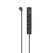 Hama Regleta Alimentacion con 7 Tomas - Potencia Maxima 3680W - Cable 1.4m - 4x Schuko - 2x USB-C - 1x USB-A - Interruptor de Encendido - Enchufe Schuko en Angulo - 5.3x4x30.5cm - Color Negro y Gris