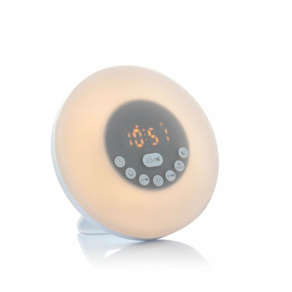 Innovagoods Sunrilk Despertador Inalambrico con Altavoz - Bluetooth - Radio Fm - Bateria 1200mAh - Cable 100cm - Pantalla LCD - Recargable - Temporizador - 16x9cm - Color Blanco