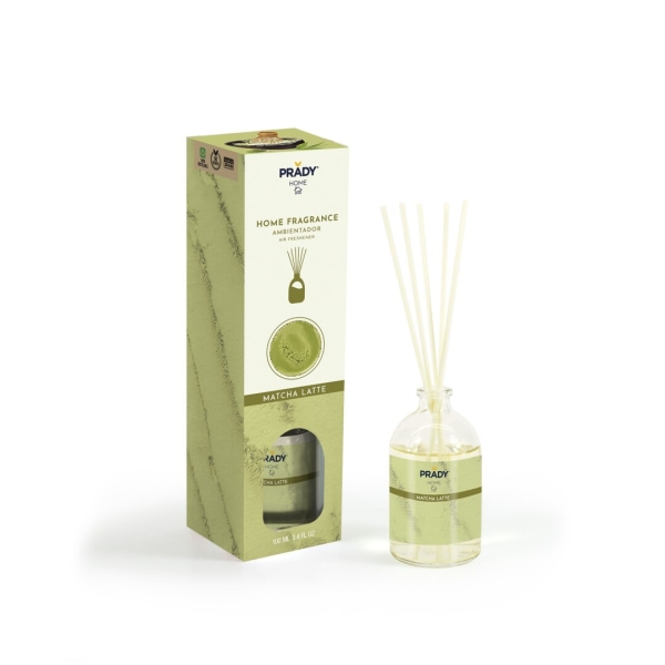 Prady Ambientador Mikado Matcha Latte - Frasco de Cristal 100 ml y Varitas Difusoras