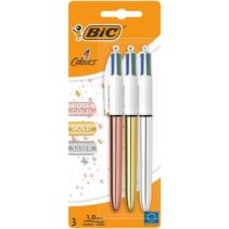 Bic 4 Colours Pack de 3 Boligrafos de Bola Retractil - Punta de 1mm - Trazo de 0.4mm - Tinta con Base de Aceite - Cuerpo Oro