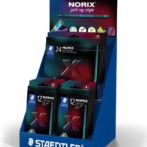 Staedtler Norix 186 Expositor con 20 Packs de 12 Lapices de Colores HB + 5 Packs de 24 Lapices de Colores HB - Madera Negra - Mina de Grafito - Diseño Inteligente - Para Escribir