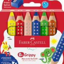 Faber-Castell Grippy Pack con 6 Lapices de Colores Gruesos Mina XXL Suave + Sacapuntas - Forma Triangular con Grip - Colores Surtidos
