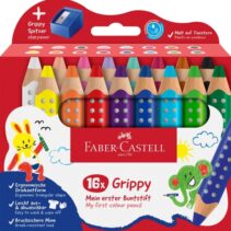 Faber-Castell Grippy Pack con 16 Lapices de Colores Gruesos Mina XXL Suave + Sacapuntas - Forma Triangular con Grip - Colores Surtidos