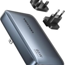 Vention Cargador de Pared - Ultra Slim - 65W - GaN - Enchufes EU y UK Intercambiables - 2xUSB-C - USB-A - Carga Rapida - Color Gris