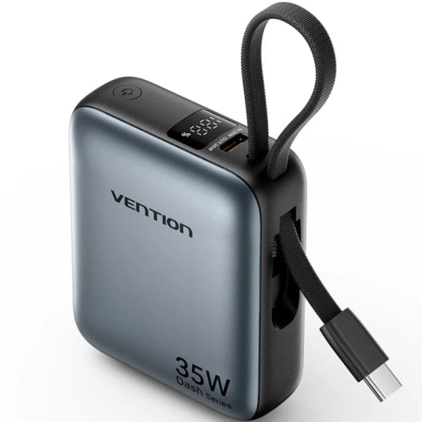 Vention Mini Powerbank de 10000mAh - Potencia de Salida hasta 35W - Cable USB-C Integrado - Power Delivery - Tecnologia PPS - Color Gris