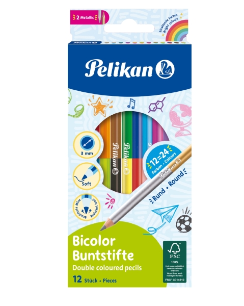 Pelikan Pack de 12 Lapices Bicolor - Redondos - Mina Antirotura de 2.9mm - Lavables - Colores Surtidos