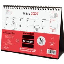 Finocam Neutro Calendario de Sobremesa en Catalan - 16 Meses - Mes Vista - Formato S - 210x150mm - Espiral Doble Metalica - Papel de 120g/m2 - Listado de Festivos - Color Rojo/Blanco