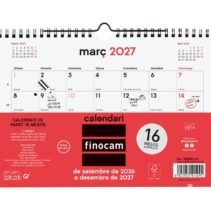 Finocam Neutro Calendario de Pared en Catalan - 16 Meses - Mes Vista - Formato S - 210x150mm - Espiral Doble Metalica - Papel de 120g/m2 - Listado de Festivos - Color Rojo/Blanco