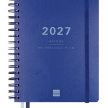 Finocam Tempus Agenda de Espiral - 16 Meses - Semana Vista Vertical - Formato 4º - 155x217mm - Tapas de Polipropileno - Papel Crema de 80g/m2 - Goma Elastica - Adhesivos Tematicos - Color Azul