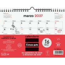 Finocam Neutro Calendario de Pared - 16 Meses - Mes Vista - Formato S - 210x150mm - Espiral Doble Metalica - Papel de 120g/m2 - Listado de Festivos - Color Rojo/Blanco