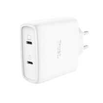Trust Maxo Cargador de Pared - 65W - GaN - 2xUSB-C - Cable USB-C de 2m - Power Delivery - Plastico Reciclado - 30x63x97mm - Color Blanco