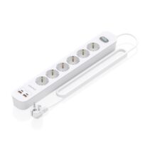 Aisens Regleta con 6 Tomas Schuko - 2xUSB-C - 2xUSB-A - Cable de 1.4m - Interruptor con Indicador LED - Power Delivery - Qualcomm 3.0 - Color Blanco