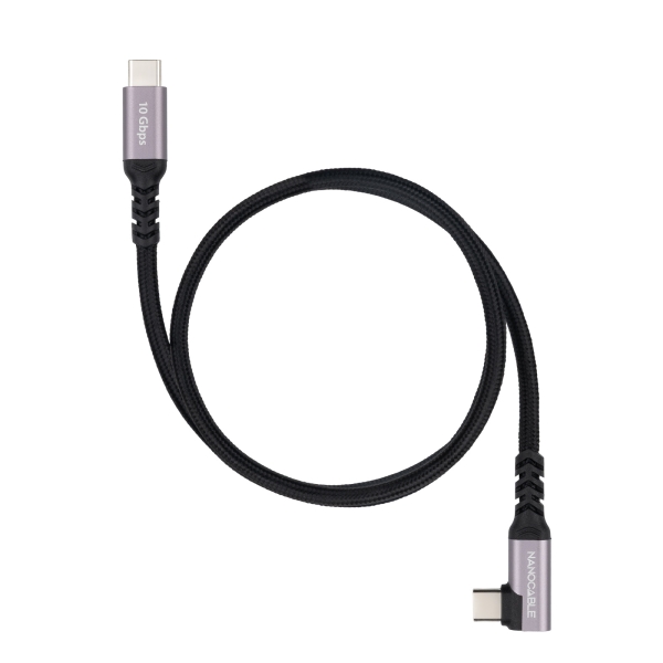 Nanocable Cable USB-C Macho Acodado 90º - Soporta hasta 100W - Longitud 1m - Velocidad de Transferencia hasta 10Gbps - Resolucion 4K - Algodon Trenzado - Color Negro