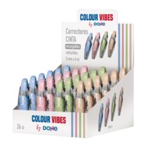 Dohe Colour Vibes Expositor con 24 Cintas Correctoras - 5mm x 6m - Pulsador Retractil - Recargable - Cuerpo Ergonomico - Colores Surtidos