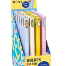 Carioca Unlock Gel Expositor con 24 Boligrafos de Tinta Gel Retractiles - Punta 0.7mm - Mecanismo de Clic Patentado - Tinta Color Azul - Cuerpo de Diferentes Colores Pastel