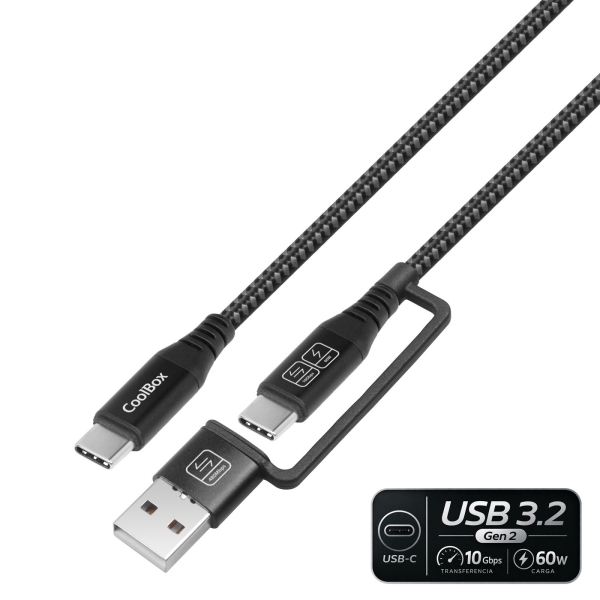CoolBox Cable USB-C a USB-C 3.2 con Adaptador a USB-A - 60W - Longitud 1
