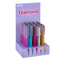 Apli Diamond Expositor con 25 Boligrafos Metalicos Retractiles - Mecanismo de Giro - Punta de 1mm - Tinta Color Azul - Colores Surtidos