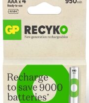 GP ReCyko Pack de 4 Pilas Recargables 950mAh AAA 1.2V - Precargadas - Ciclo de Vida: Hasta 1.000 Veces