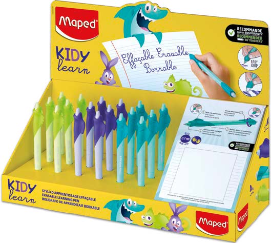 Maped Kidy Lern Magic Expositor con 18 Boligrafos Borrables con Guia para Dedos - Modelos Tiburon