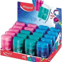 Maped Connect Duo Afilaborra de 2 Orificios con Goma de Borrar - Deposito de Gran Capacidad - Forma Ergonomica - Cuerpo Translucido de Colores Surtidos