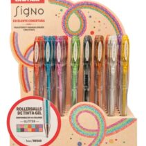 Uni-ball Signo Sparkling UM-120SP Expositor con 48 Rollers de Tinta Gel + 50 Tarjetas Kraft Gratis - Punta de Bola 1mm - Tinta Pigmentada Resistente al Agua y Luz - Efecto Purpurina - Color Violeta Parma