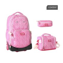 Milan Pink Flowers Pack de Mochila con Ruedas 25L + Bolsa Isotermica Porta Alimentos de 5L + Estuche de 2 Cremalleras