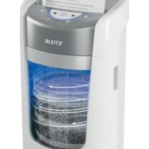 Leitz IQ OptiMax Home Office 225 Destructora de Papel Manual DIN P5 - Destruye hasta 6 Hojas - Tiempo de Funcionamiento Continuo 20m - Papelera de 15L con Tecnologia de Giro - Color Blanco/Gris