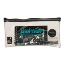 Safta Minecraft Screen Portatodo - Cremallera - PVC - Regla de 15cm - 2 Lapices - Sacapuntas - Goma - Bloc de Notas de 70 Hojas - 22.5x10.5x1cm - Color Negro y Transparente