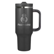 Safta Real Madrid Vaso con Asa Termico - Capacidad 1.2L - Pajita con Varilla de Limpieza - Revestimiento Interior de Cobre - Tapa Antifugas - 12h Caliente - 24h Frio - 14x26.5x10.5cm - Color Negro